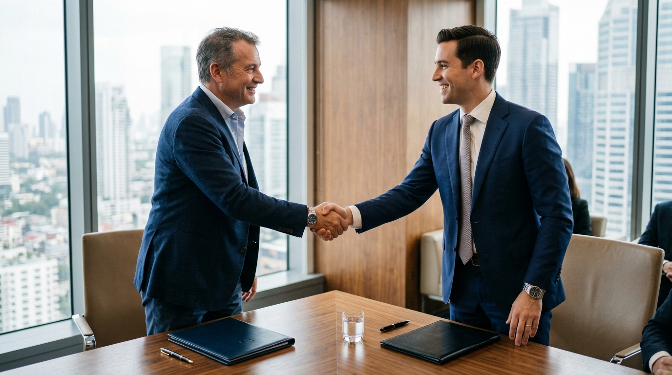 Un fondateur et un acquéreur qui se serrent la main au closing